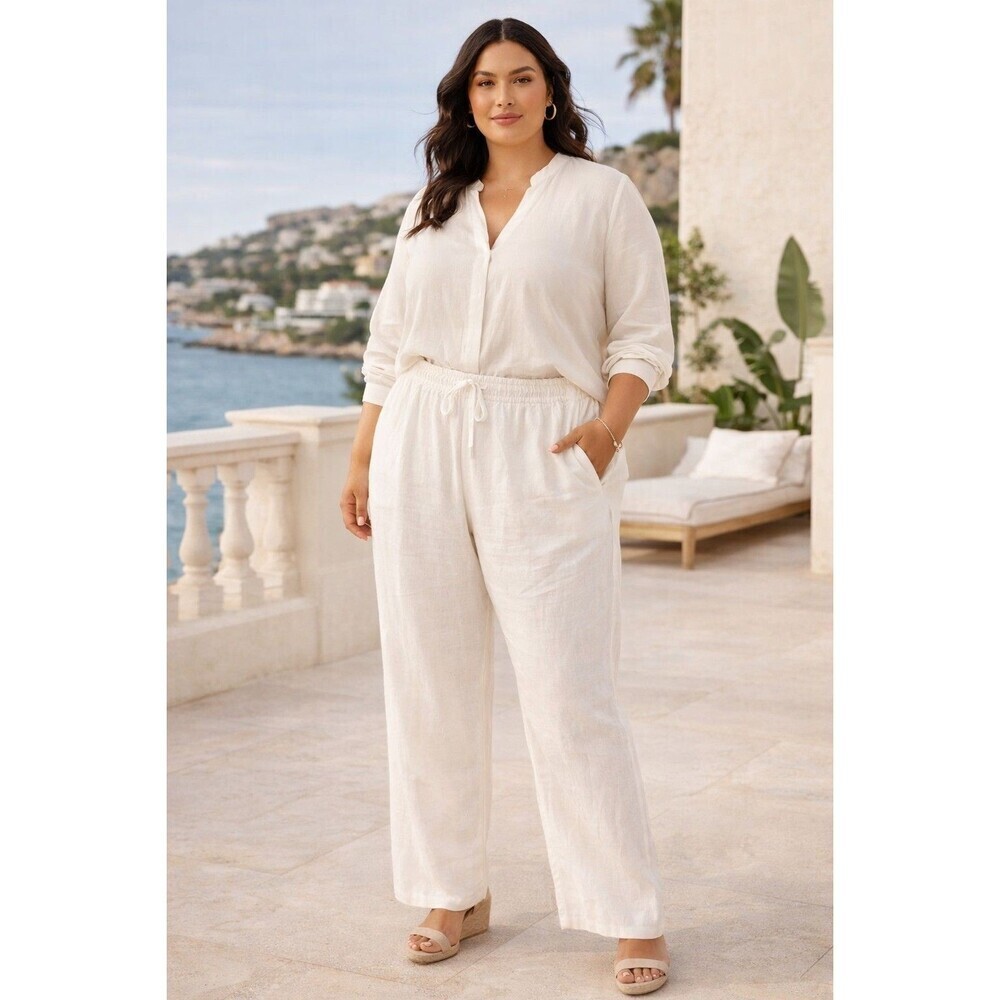 Elie Tahari Women Linen Pants 3X White Elastic Drawstring Waist Plus Size NWT